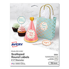 Avery Print-to-the Edge Labels w/Scalloped Edge, 2 1/2" dia, Pearl Ivory, 72/PK (22836)