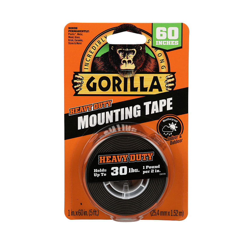 Gorilla Heavy Duty Mounting Tape, Permanent, Holds Up to 30 lbs, 1" x 60", Black (6055002)