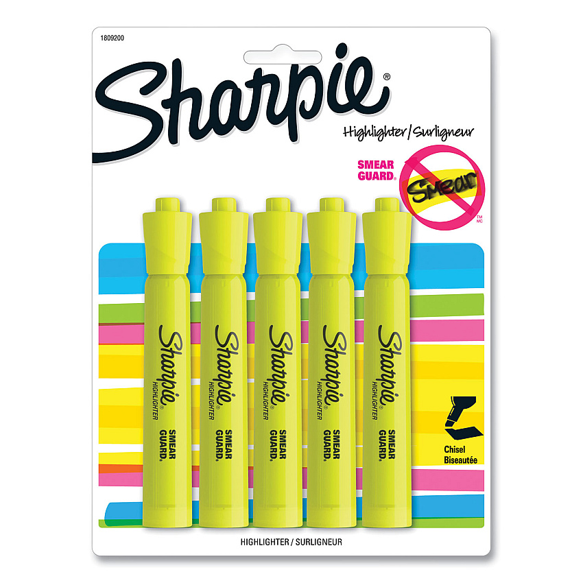 Sharpie Tank Style Highlighters, Fluorescent Yellow Ink, Chisel Tip, Yellow Barrel, 5/Pack (1809200)