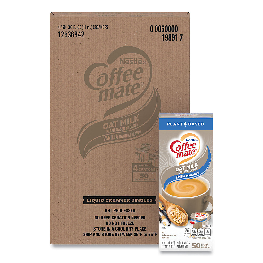 Coffee-mate Plant-Based Oat Milk Liquid Creamers, Natural Vanilla, 0.38 oz Mini Cups, 50/Box, 4 Boxes/Carton (19891CT)