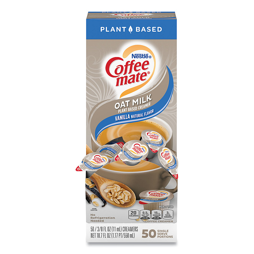 Coffee-mate Plant-Based Oat Milk Liquid Creamers, Natural Vanilla, 0.38 oz Mini Cups, 50/Box (19891BX)