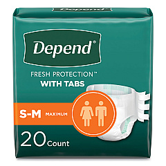 Depend Incontinence Protection with Tabs, Small/Medium, 19" to 34" Waist, 20/Pack, 3 Packs/Carton (35456)