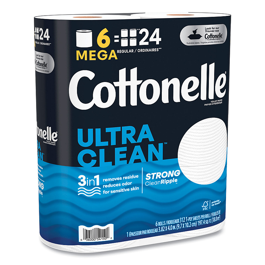 Cottonelle Ultra CleanCare Toilet Paper, Strong Tissue, Mega Rolls, 1-Ply, White, 284 Sheets/Roll, 6 Rolls/Pack, 36 Rolls/Carton (54150)