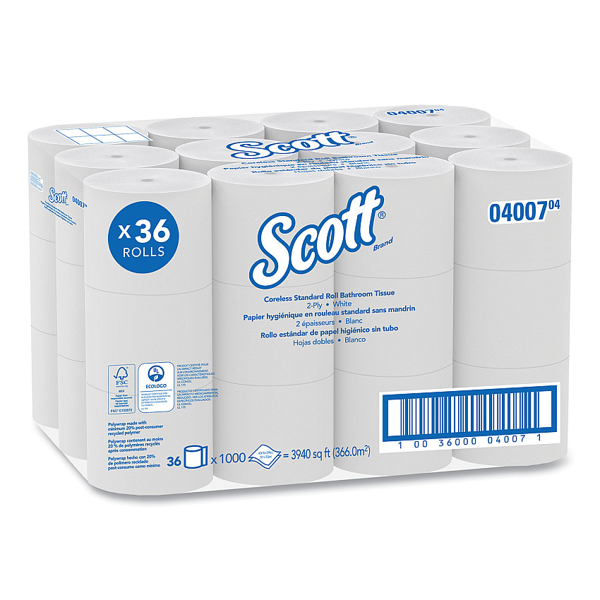 Scott Essential Coreless SRB Bathroom Tissue, Septic Safe, 2-Ply, White, 1000 Sheets/Roll, 36 Rolls/Carton (04007)
