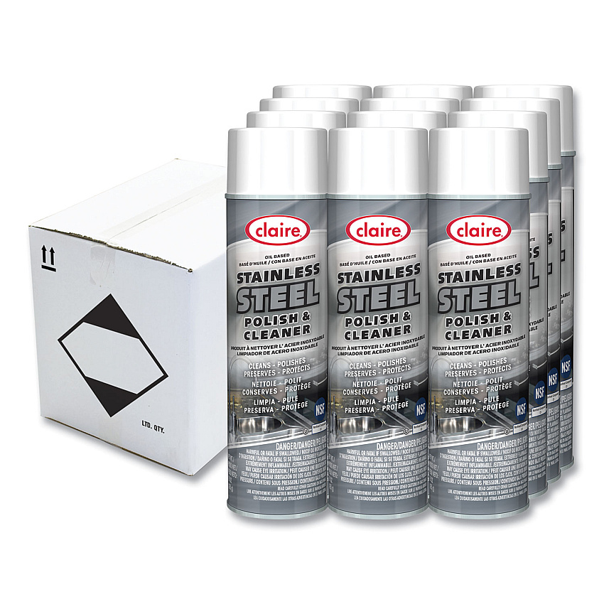 Claire Stainless Steel Polish and Cleaner, Lemon Scent, 15 oz Aerosol Spray, Dozen (841)