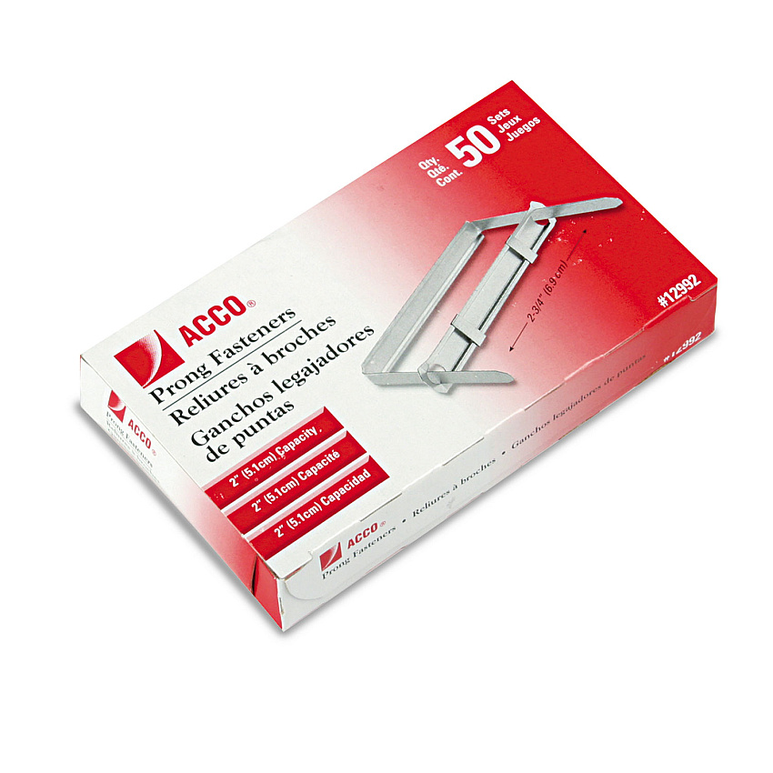 ACCO Standard Two-Piece Paper Fasteners, 2" Capacity, 2.75" Center to Center, Silver, 50/Box (12992)