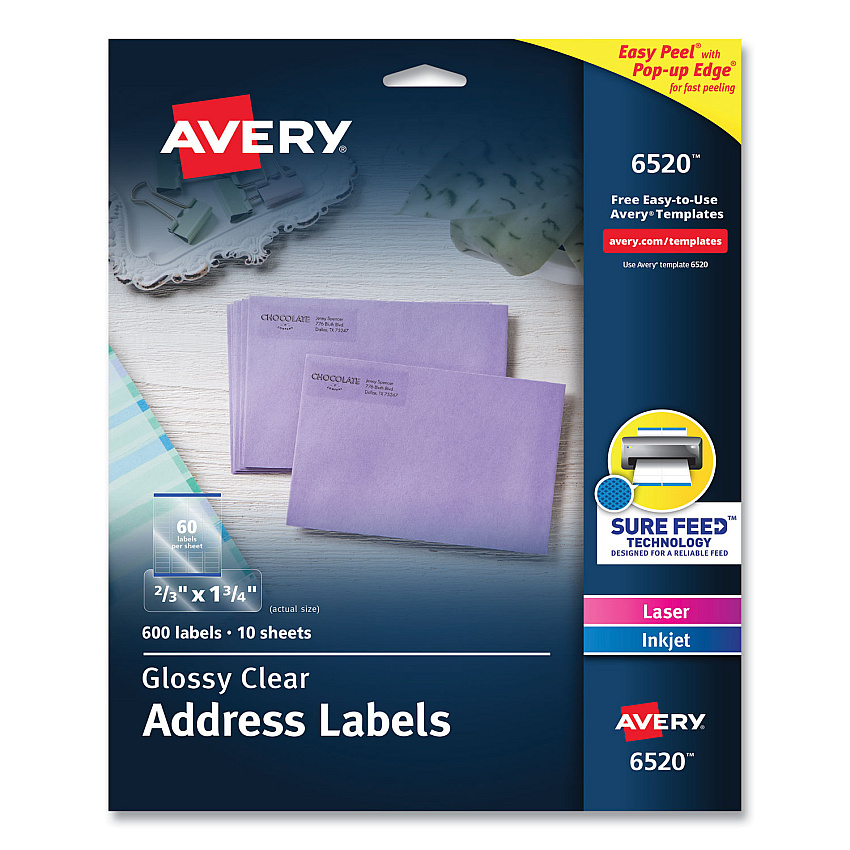 Avery 6520 Glossy Clear Easy Peel Mailing Labels
