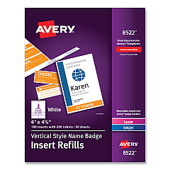 Avery Name Badge Insert Refills, Vertical, 4 1/4 x 6, White, 100/Pack (8522)