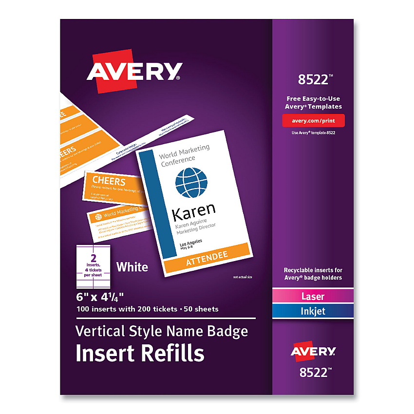 Avery Name Badge Insert Refills, Vertical, 4 1/4 x 6, White, 100/Pack (8522)