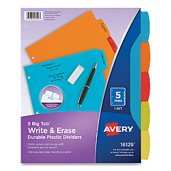 Avery Big Tab Write and Erase Durable Plastic Dividers, 5-Tab, Letter, Assorted, 1 Set (16129)