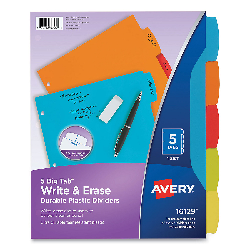 Avery Big Tab Write and Erase Durable Plastic Dividers, 5-Tab, Letter, Assorted, 1 Set (16129)
