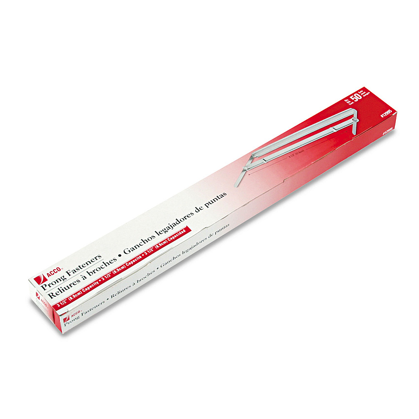 ACCO Standard Two-Piece Paper Fasteners, 3.5" Capacity, 8.5" Center to Center, Silver, 50/Box (12995)
