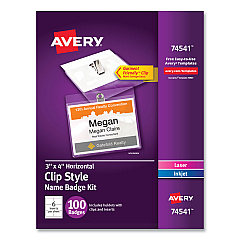Avery Clip-Style Name Badge Holder with Laser/Inkjet Insert, Top Load, 4 x 3, White, 100/Box (74541)