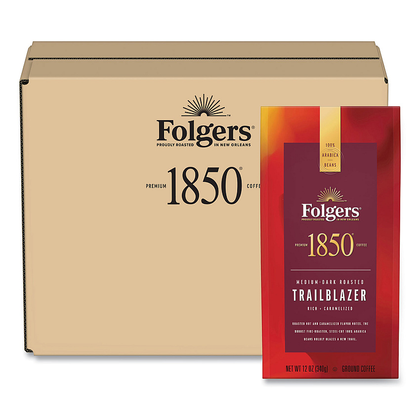 1850 Coffee, Trailblazer, Dark Roast, Ground, 12 oz Bag, 6/Carton (60515)