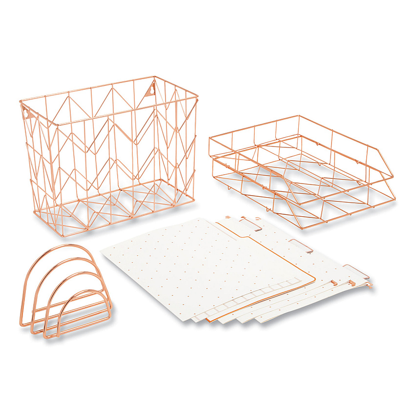 U Brands Letter-Size Desktop Fashion Filing Set, Rose Gold, (1) Rack, (3) Hanging Folders, (3) File Folders, (2) Trays,(1) Mail Sorter (2104U0001)