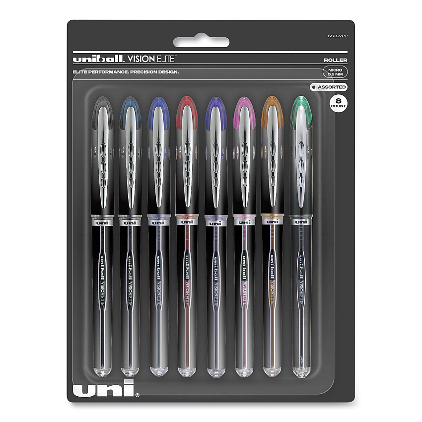 uni-ball VISION ELITE Roller Ball Pen, Stick, Micro 0.5 mm, Assorted Ink Colors, Black Barrel (58092PP)