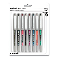 uni-ball VISION Needle Roller Ball Pen, Stick, Fine 0.7 mm, Assorted Ink Colors, Silver Barrel, 8/Pack (1734916)