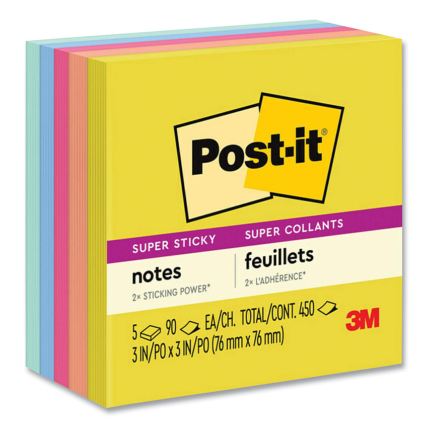 Post-it Notes Super Sticky Note Pads in Summer Joy Collection Colors, 3" x 3", Summer Joy Collection Colors, 90 Sheets/Pad, 5 Pads/Pack (6545SSJOY)