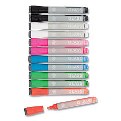 U Brands Bullet Tip Low-Odor Liquid Glass Markers with Erasers, Broad Bullet Tip, Assorted Colors, 12/Pack (2913U0012)