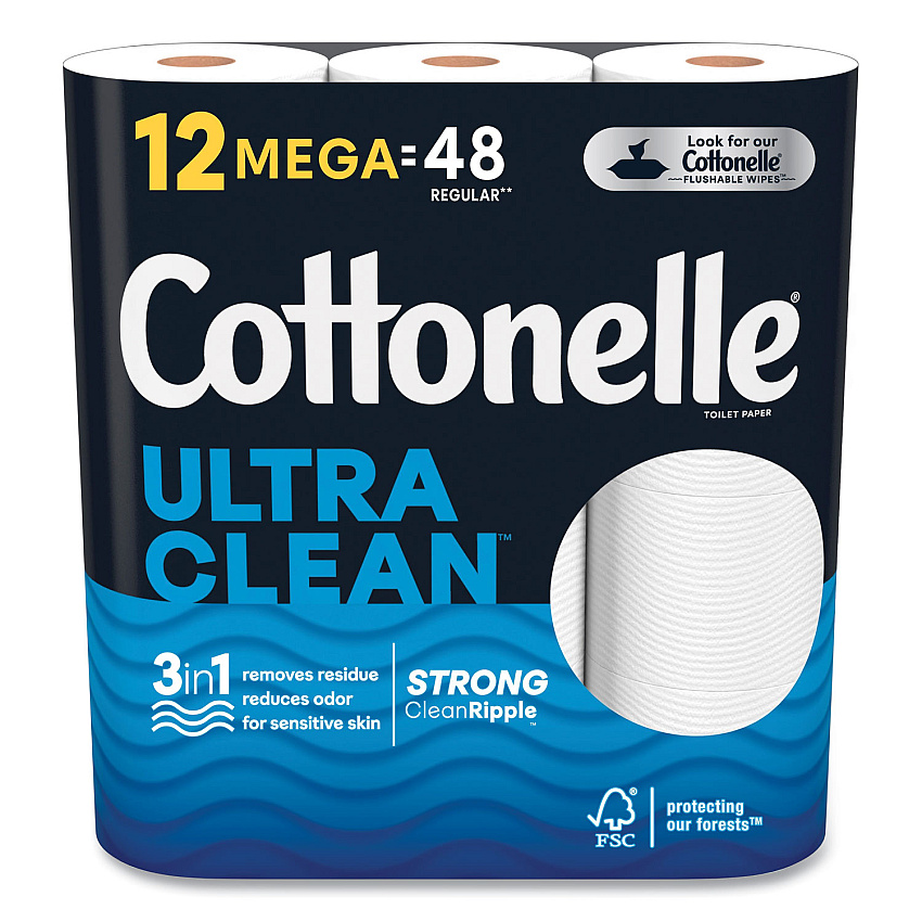 Cottonelle Ultra CleanCare Toilet Paper, Strong Tissue, Mega Rolls, 1-Ply, White, 284 Sheets/Roll, 12 Rolls/Pack, 48 Rolls/Carton (54151)