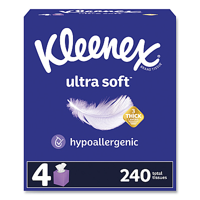 Kleenex Ultra Soft Facial Tissue, 3-Ply, White, 60 Sheets/Box, 4 Boxes/Pack, 3 Packs/Carton (54308)