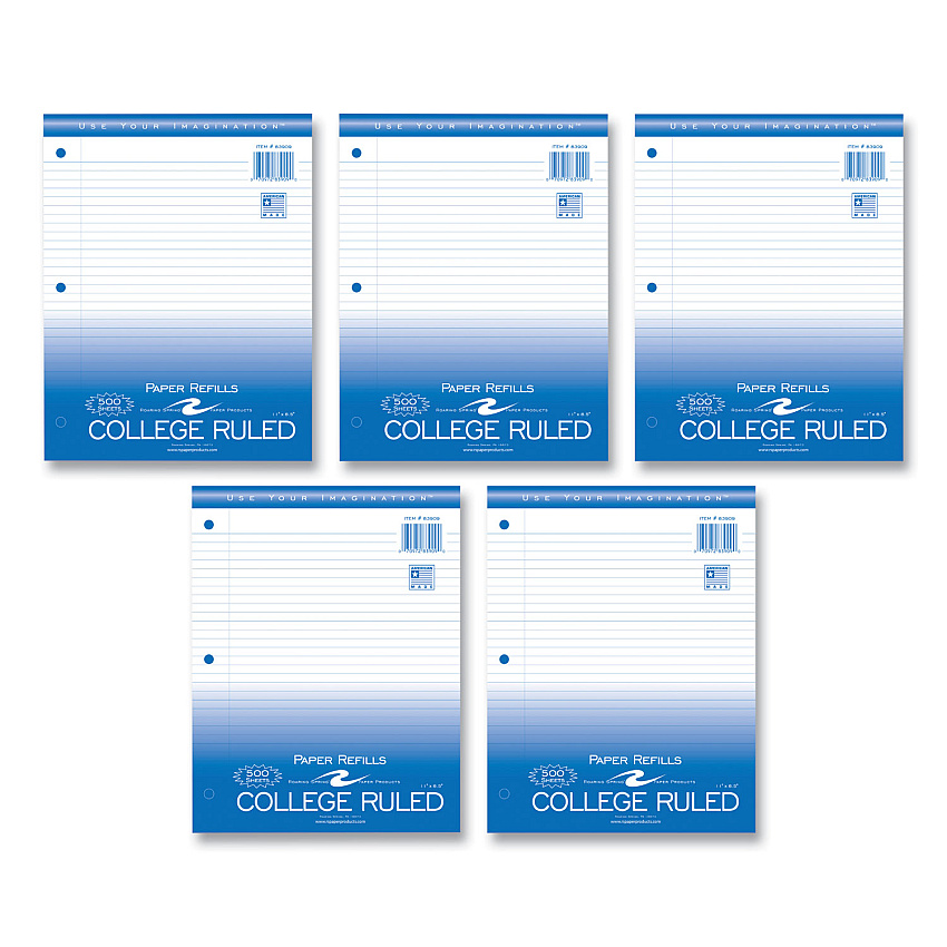 Roaring Spring Loose Leaf Paper, 8.5 x 11, 3-Hole Punched, College Rule, White, 500 Sheets/Pack, 5 Packs/Carton (83909CS)