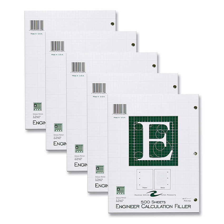 Roaring Spring Engineer Filler Paper, 3-Hole, Frame Format/Quad Rule (5 sq/in, 1 sq/in) 500 Sheets/Pack, 5/Carton (95782CS)