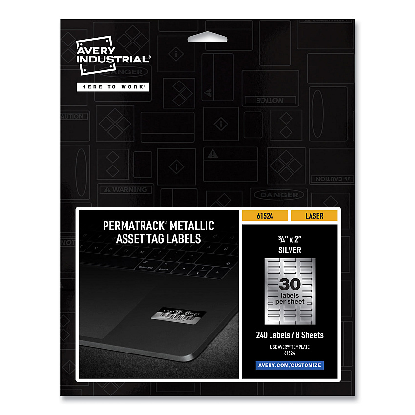 Avery PermaTrack Metallic Asset Tag Labels, Laser Printers, 0.75 x 2, Metallic Silver, 30/Sheet, 8 S