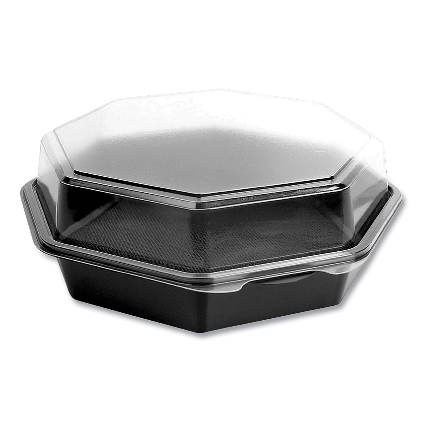 SOLO OctaView Hinged-Lid Cold Food Containers, 42 oz, 9.57" x 9.2" x 3.2", Black/Clear, Plastic, 100/Carton (864056AP94)