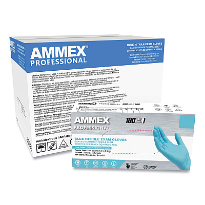 AMMEX Professional Nitrile Exam Gloves, Powder-Free, 3 mil, Medium, Light Blue, 100/Box, 10 Boxes/Carton (APFN44100CT)