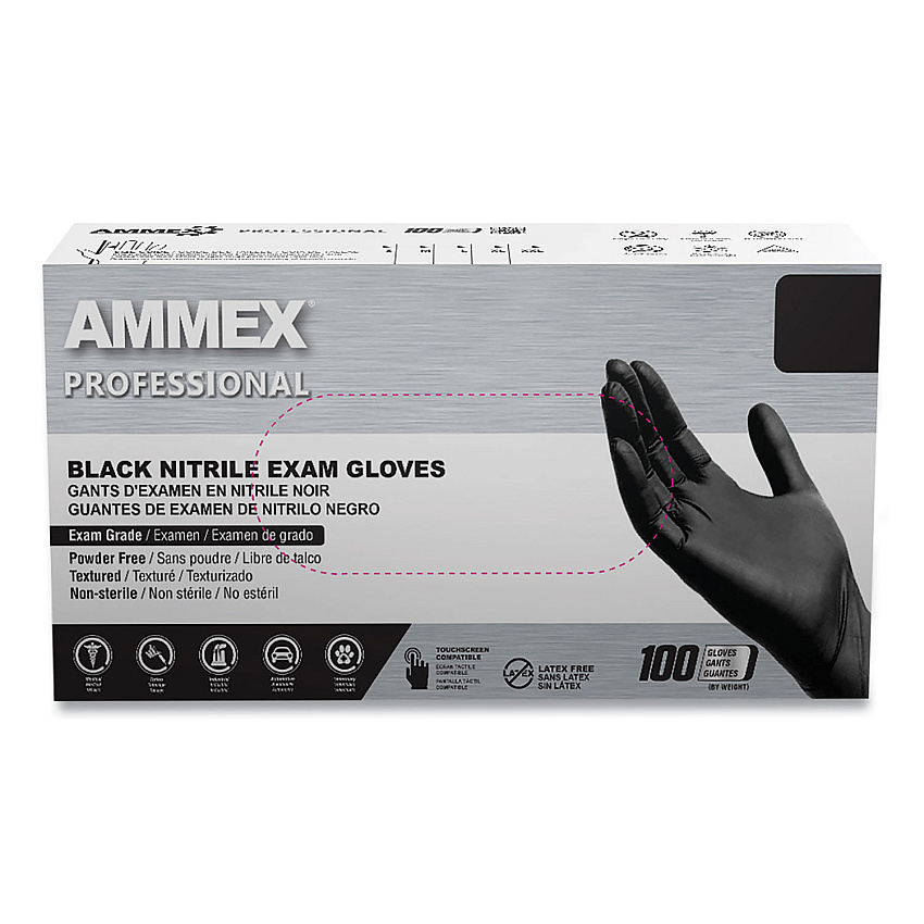 AMMEX Professional Nitrile Exam Gloves, Powder-Free, 3 mil, Medium, Black, 100/Box, 10 Boxes/Carton (ABNPF44100CT)