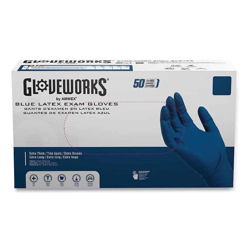 GloveWorks by AMMEX Blue Latex Exam Gloves, Powder-Free, Large, 50 Gloves/Box, 10 Boxes/Carton (GPLHD86100)