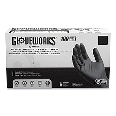 GloveWorks by AMMEX Nitrile Exam Gloves, Powder-Free, 6 mil, Medium, Black 100 Gloves/Box, 10 Boxes/Carton (GWBEN44100CT)