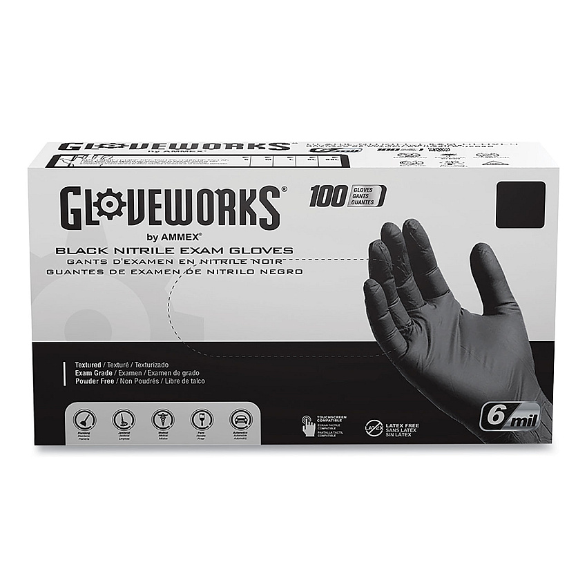 GloveWorks by AMMEX Nitrile Exam Gloves, Powder-Free, 6 mil, Small, Black, 100 Gloves/Box, 10/Carton (GWBEN42100)
