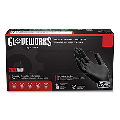 GloveWorks by AMMEX Industrial Nitrile Gloves, Powder-Free, 5 mil, Large, Black, 100 Gloves/Box, 10 Boxes/Carton (GPNB46100)