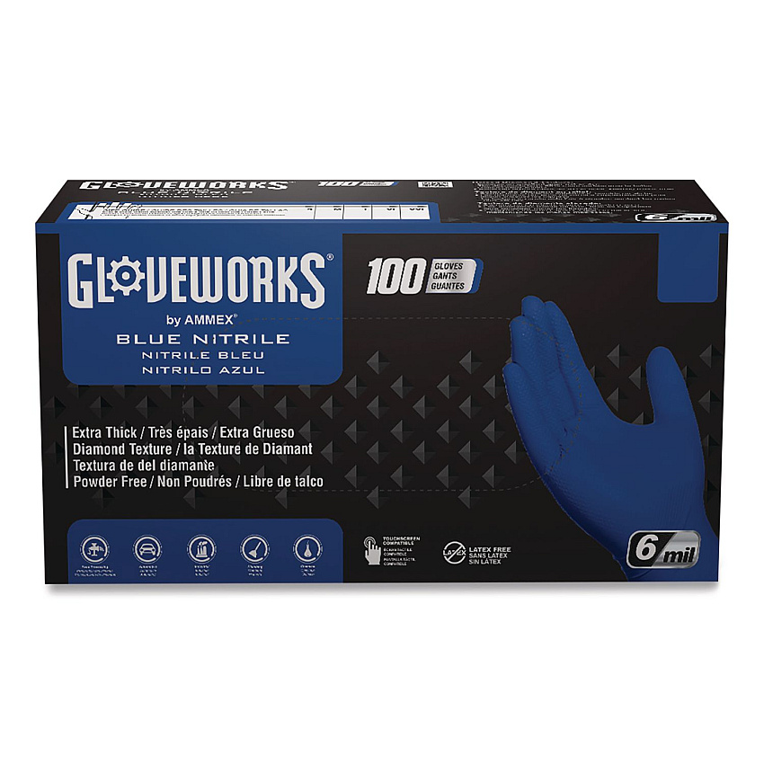 GloveWorks by AMMEX Heavy-Duty Industrial Nitrile Gloves, Powder-Free, Large, 6 mil Thick, 9.5" Long, Royal Blue, 100/Box, 10 Boxes/Carton (GWRBN46100)