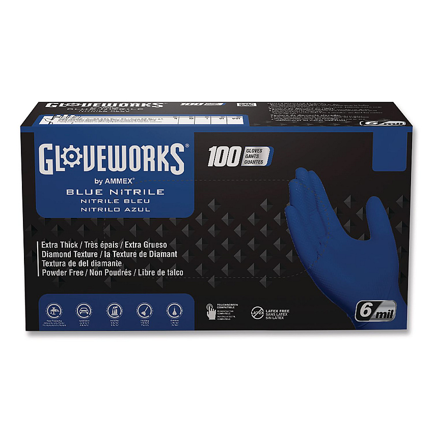 GloveWorks by AMMEX Heavy-Duty Industrial Nitrile Gloves, Powder-Free, XX-Large, 6 mil Thick, 9.5" Long, Royal Blue, 100/Box, 10 Boxes/Carton (GWRBN49100)