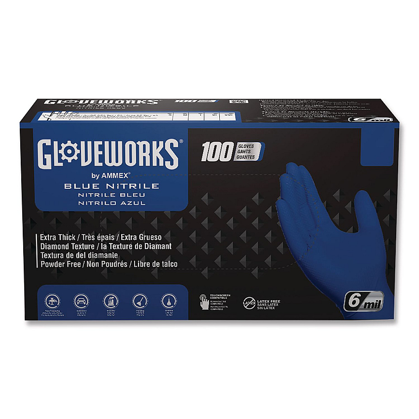 GloveWorks by AMMEX Heavy-Duty Industrial Nitrile Gloves, Powder-Free, Medium, 6 mil Thick, 9.5" Long, Royal Blue, 100/Box, 10 Boxes/Carton (GWRBN44100)