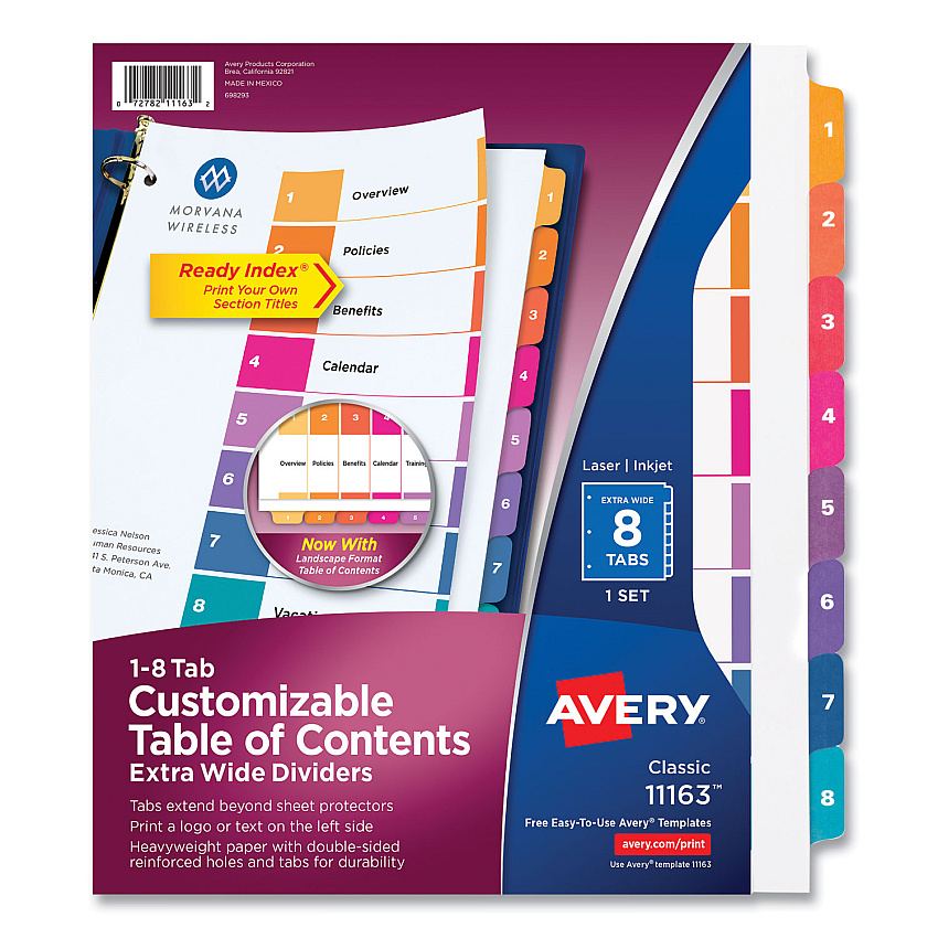 Avery Customizable TOC Ready Index Multicolor Dividers, 8-Tab, Letter (11163)