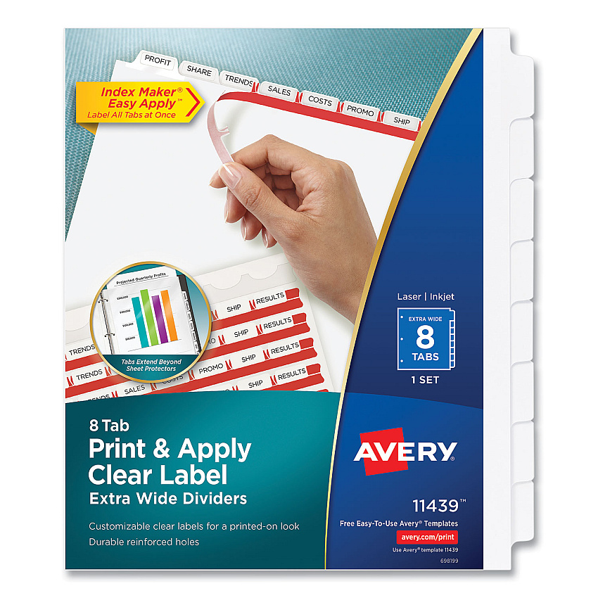 Avery Print and Apply Index Maker Clear Label Dividers, 8 White Tabs, Letter (11439)