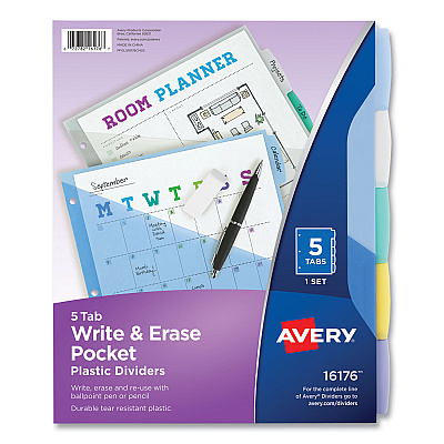 Avery Write and Erase Durable Plastic Dividers with Pocket, 3-Hold Punched, 5-Tab, 11.13 x 9.25, Assorted, 1 Set (16176)