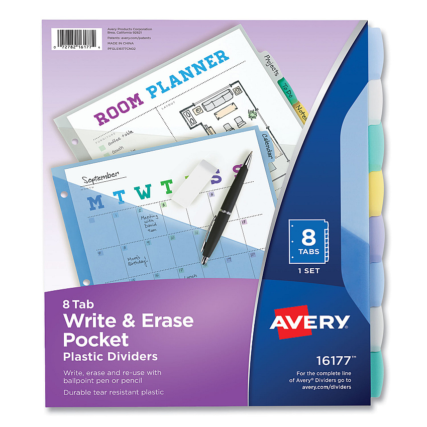 Avery Write and Erase Durable Plastic Dividers with Pocket, 3-Hold Punched, 8-Tab, 11.13 x 9.25, Assorted, 1 Set (16177)