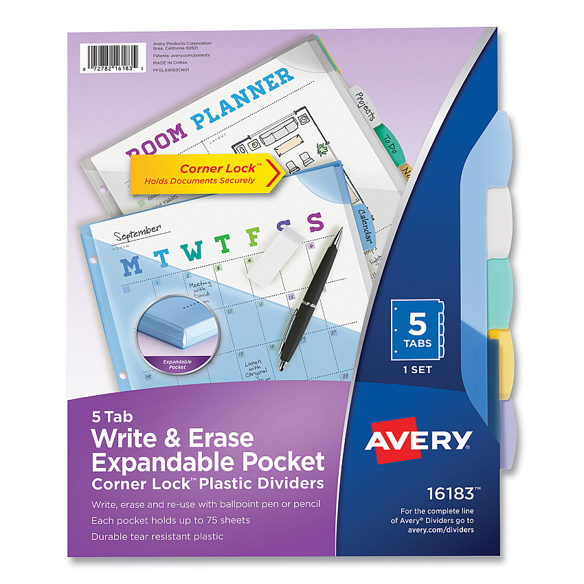 Avery Write and Erase Big Tab Durable Plastic Dividers, 3-Hold Punched, 5-Tab, 11 x 8.5, Assorted, 1 Set (16183)