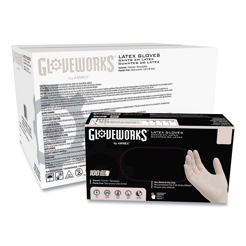GloveWorks by AMMEX Latex Disposable Gloves, Powder-Free, 4 mil, Large, Ivory, 100 Gloves/Box, 10 Boxes/Carton (TLF46100)