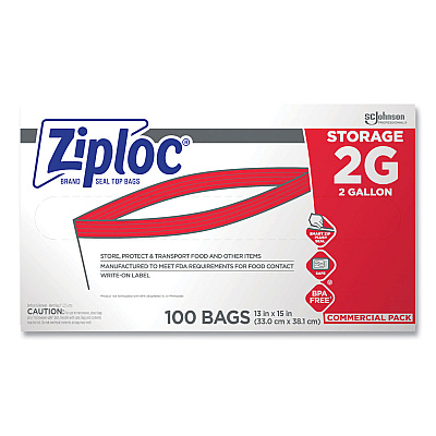 Ziploc Double Zipper Storage Bags, 2 gal, 1.75 mil, 15" x 13", Clear, 100/Carton (682253)
