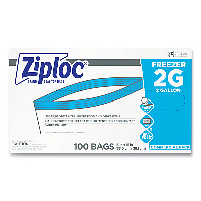 Ziploc Double Zipper Freezer Bags, 2 gal, 2.7 mil, 13" x 15.5", Clear, 100/Carton (682254)