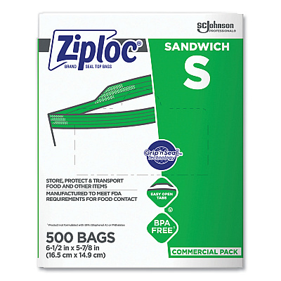 Ziploc Resealable Sandwich Bags, 1.2 mil, 6.5" x 6", Clear, 500/Box (682255)