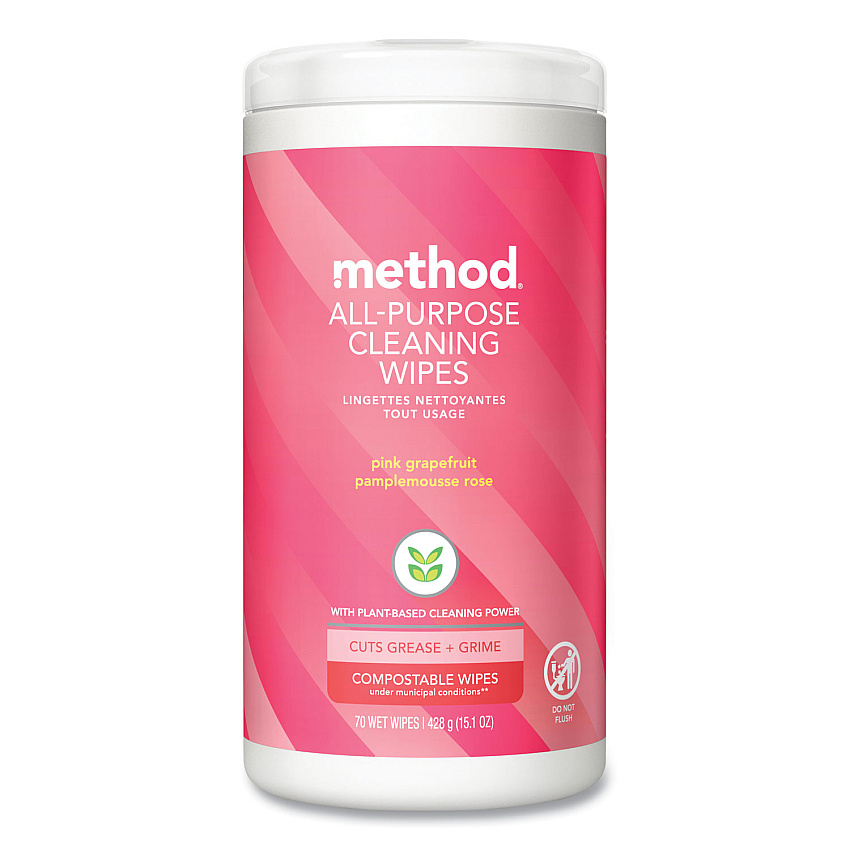Method All Purpose Cleaning Wipes, 1 Ply, Pink Grapefruit, White, 70/Canister, 6/Carton (338527)