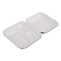 Eco-Products Vanguard Renewable and Compostable Sugarcane Clamshells, 3 Compartments, 8 x 8 x 3, White, 200/Carton (EPHC83NFA)