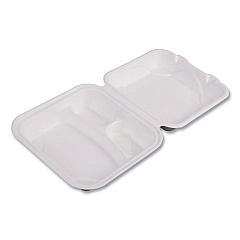 Eco-Products Vanguard Renewable and Compostable Sugarcane Clamshells, 3 Compartments, 8 x 8 x 3, White, 200/Carton (EPHC83NFA)